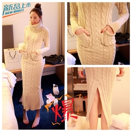 加厚韩国冬季女装高领毛衣棒针外套修身针织长款打底气质毛衣裙