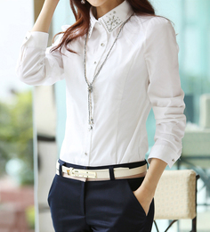 新款女士商务修身纯白色衬衫，韩版女士修身大码烫钻衬衫亏本包邮