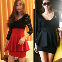 韩版时尚大码蕾丝高腰修身低胸性感女装夜店包臀裙气质长袖连衣裙