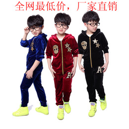 全场包邮~2014春款男童韩版金丝绒拼皮骷髅头套装两件套童装批发