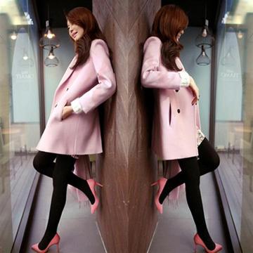 【清仓】韩国2015修身秋冬中长款双排扣西装毛呢大衣厚呢子外套女