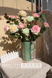 新品上架-仿真花绢花假花法国卷边玫+艺术陶瓷花瓶