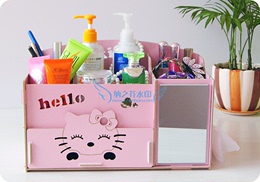 多省包邮kitty可爱创意带镜子木质韩国化妆品收纳盒储物盒