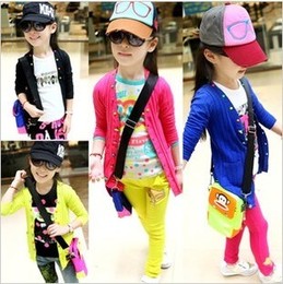 韩版女童春装新款/螺纹开衫薄外套/儿童荧光纽扣针织外套