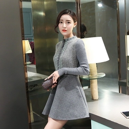 2015韩版单排扣收腰蕾丝拼接呢料连衣裙女长袖针织裙摆连衣裙