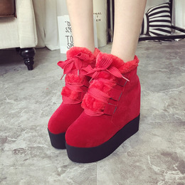 2015冬季厚底防水台内增高短靴红色棉鞋甜美公主女靴中跟雪地靴子