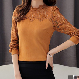 长袖打底衫女2015秋冬新款韩版修身蕾丝T恤短款加绒加厚上衣女装