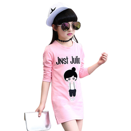 童装儿童卡通长袖女童宽松中长款女大童韩版中大童装粉色t恤