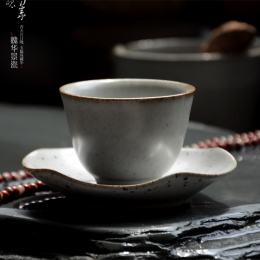 无光白褐色带托杯茶碗茶杯茶盏品茗斗笠杯梅花型杯托功夫茶具陶瓷