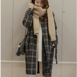 韩国2015秋冬季中长款格子呢子大衣毛呢外套女装宽松加厚风衣外套