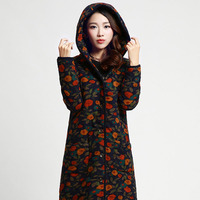 棉衣女中长款2015新款女装韩版民族风印花色棉服文艺范女外套棉袄