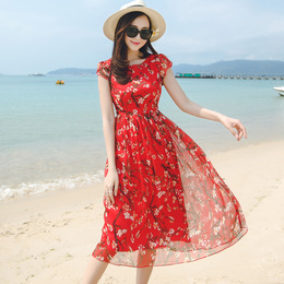 夏季新款沙滩裙海边度假甜美碎花修身显瘦海滩裙中长款短袖连衣裙