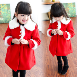 儿童装女童冬季毛呢外套韩版女宝宝呢大衣白毛领圣诞呢风衣新年装