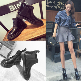 2015新款珊珊同款韩版圆头粗跟真皮骑士马丁靴松紧带漆皮黑色短靴