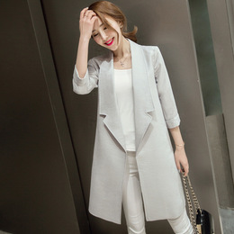 2016年秋季新款韩版女装棉麻小西装七分袖中长款宽松风衣女士外套
