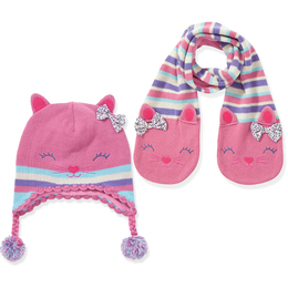 RUHI儿童帽子女童秋冬护耳帽 粉色猫咪保暖宝宝帽子围巾两件套装
