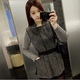 2015秋冬新款韩国OL气质针织拼接修身长袖毛呢外套 女呢子送腰带