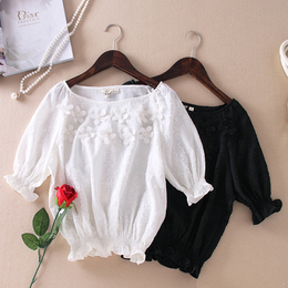 2015夏高端白色短款性感蕾丝小衫罩衫立体花朵 上衣复古女装
