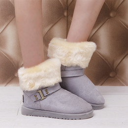 2015冬季新款欧美短筒纯色搭扣平底绒面保暖休闲短靴棉靴女雪地靴