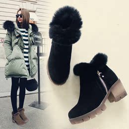 2015冬季新款高跟粗跟短靴女真皮侧拉链獭兔毛保暖棉靴复古女靴潮