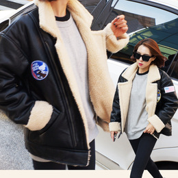 2015冬季新款韩版女士羊皮外套夹克 加绒翻领宽松短款棉袄棉衣潮