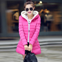 韩版学院风纯色时尚修身显瘦羽绒棉服女冬中长款甜美连帽棉衣外套