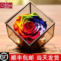 进口七彩永生花礼盒保鲜花奥斯汀玫瑰玻璃花房母亲节创意实用礼物