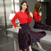 2015秋冬装新款女装韩版红色长袖立领上衣中长款格子两件套连衣裙