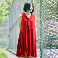 苏以原创设计 简约复古酒红色直筒套头宽松百褶雪纺连衣裙中裙