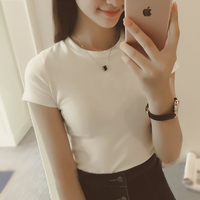 2016韩版潮半袖纯色百搭修身显瘦体恤小高领短款女士纯棉T恤