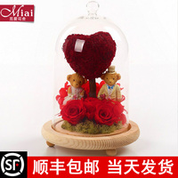 母亲节康乃馨礼物七彩永生花玫瑰保鲜花玻璃罩真花礼盒童话小熊