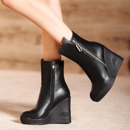 2015秋冬新款高跟女靴防水台厚底短靴松糕短靴坡跟圆头短靴坡跟鞋