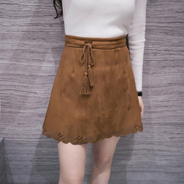 2016初秋新款韩版女装修身显瘦绑带高腰鹿皮绒A字短半身裙