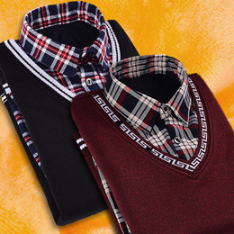 秋冬季格子长袖保暖衬衫男士修身针织衫加绒加厚衬衣棉假两件毛衣