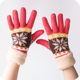 韩版可爱卡通毛线保暖五指分指 女冬季双层加厚针织情侣骑车手套