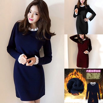2015秋冬新款韩版大码女装加绒加厚打底连衣裙女长袖修身包臀短裙