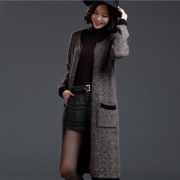 2015秋冬新款针织开衫兔毛外套女式长款韩版纯色羊毛衫开衫外套潮