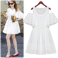 2015夏季新款女白色连衣裙明星同款高腰露肩雪纺吊带荷叶边短裙子