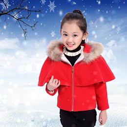 2015新款韩版女童加厚毛呢外套斗篷女宝宝加绒呢子大衣秋冬季短款