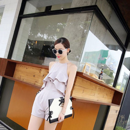 2015夏季女士新款泰国设计师款高级灰高级气质荷叶挖肩连体裤