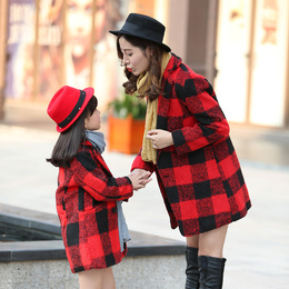 2015冬季新款韩版撞色格子大衣 女童潮流呢子外套 母女亲子装包邮