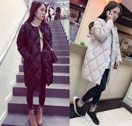 2015韩版冬中长款菱形格加厚保暖羽绒棉衣面包棉服外套棉袄女