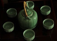 浙江龙泉青瓷功夫茶具套装竹柄提梁壶 陶瓷茶具茶杯 一壶六杯茶具
