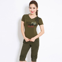 爆款2015新款夏季韩版女士休闲军装 军绿短裙短袖T恤 迷彩服套装