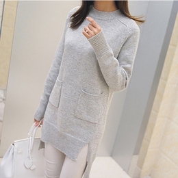 2015冬装新款韩版中长款口袋针织打底衫宽松长袖圆领套头女士毛衣