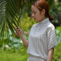 立领细竖条纹T恤2015夏女装韩版雪纺短袖上衣