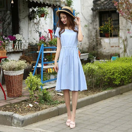 2015夏装韩版女装复古文艺宽松短袖中长款亚麻棉麻抽绳连衣裙长裙