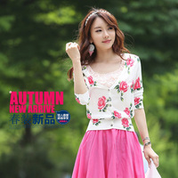2015秋季韩版印玫瑰花针织衫女开衫 V领女毛衣外套 修身弹力披肩