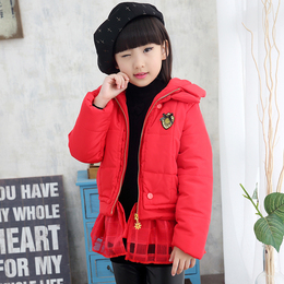 2015新款女童棉衣外套带蕾丝下摆 韩版下女童棉服棉袄冬季中长款