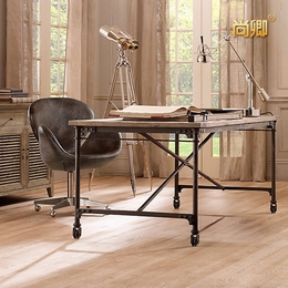 美式简约电脑桌工业风格工作台带轮实木写字台长方形铁艺书桌8018